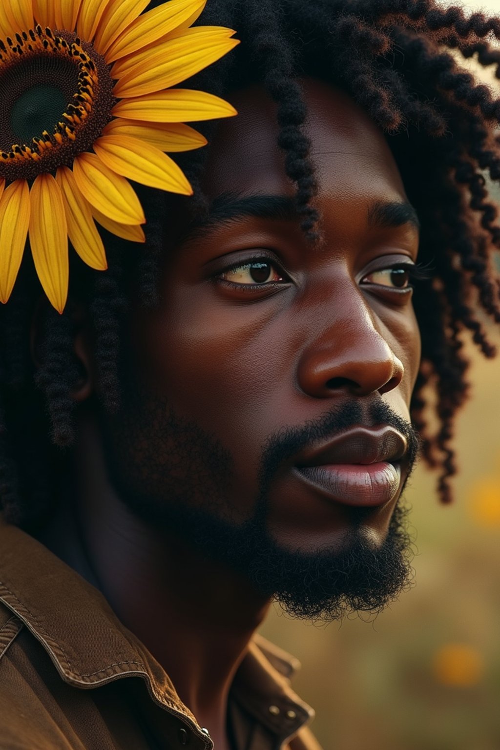 Close face shot of a man with a sunflower in hair, summer season, moody scene,, intricate, sharp details, summer vibe, gorgeous scene by gaston bussiere, craig mullins, somber lighting, drawn by giacomo burattini, inspired by graphic novel cover art, hyperrealistic, 8 k by rhads