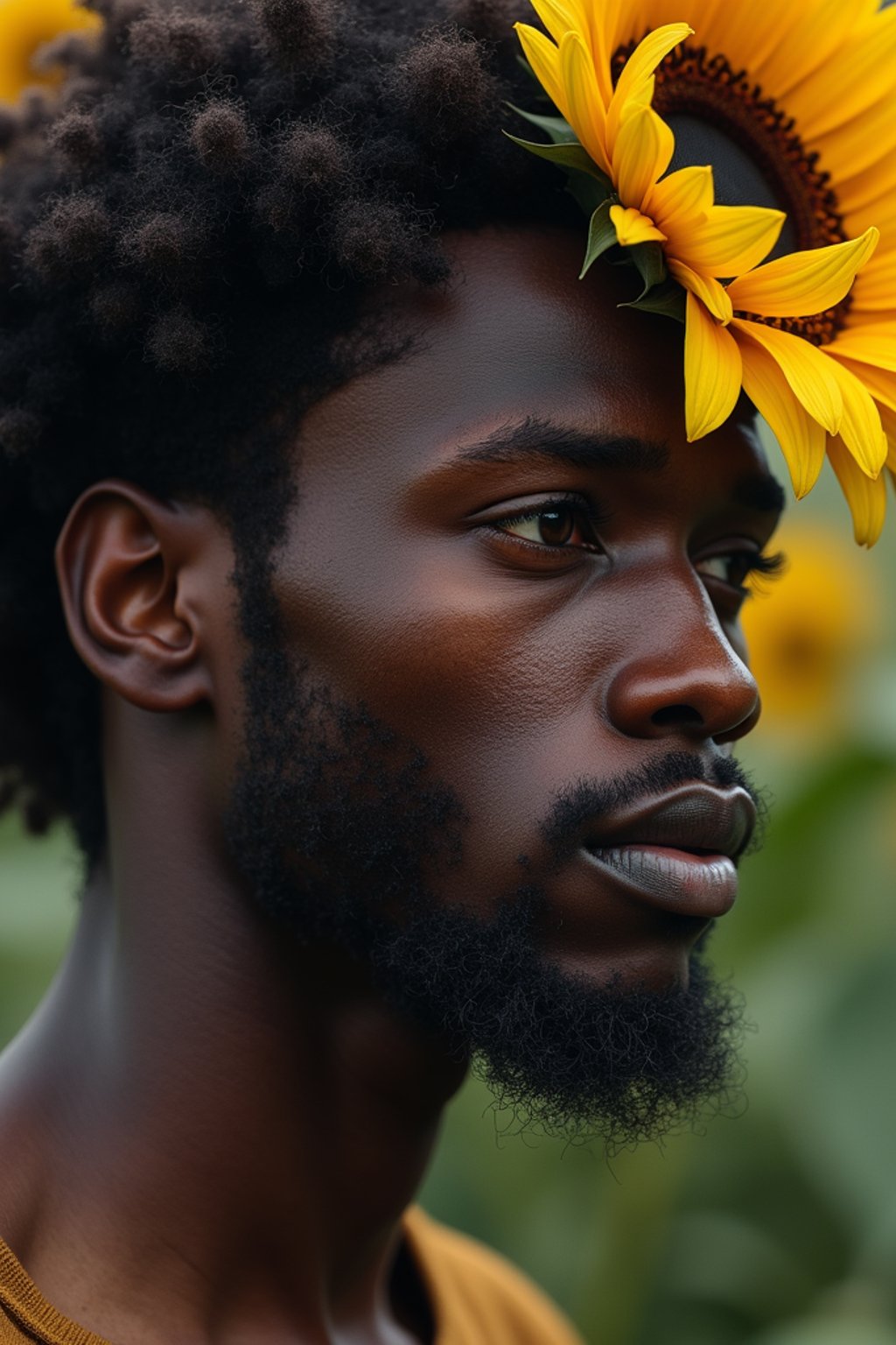 Close face shot of a man with a sunflower in hair, summer season, moody scene,, intricate, sharp details, summer vibe, gorgeous scene by gaston bussiere, craig mullins, somber lighting, drawn by giacomo burattini, inspired by graphic novel cover art, hyperrealistic, 8 k by rhads