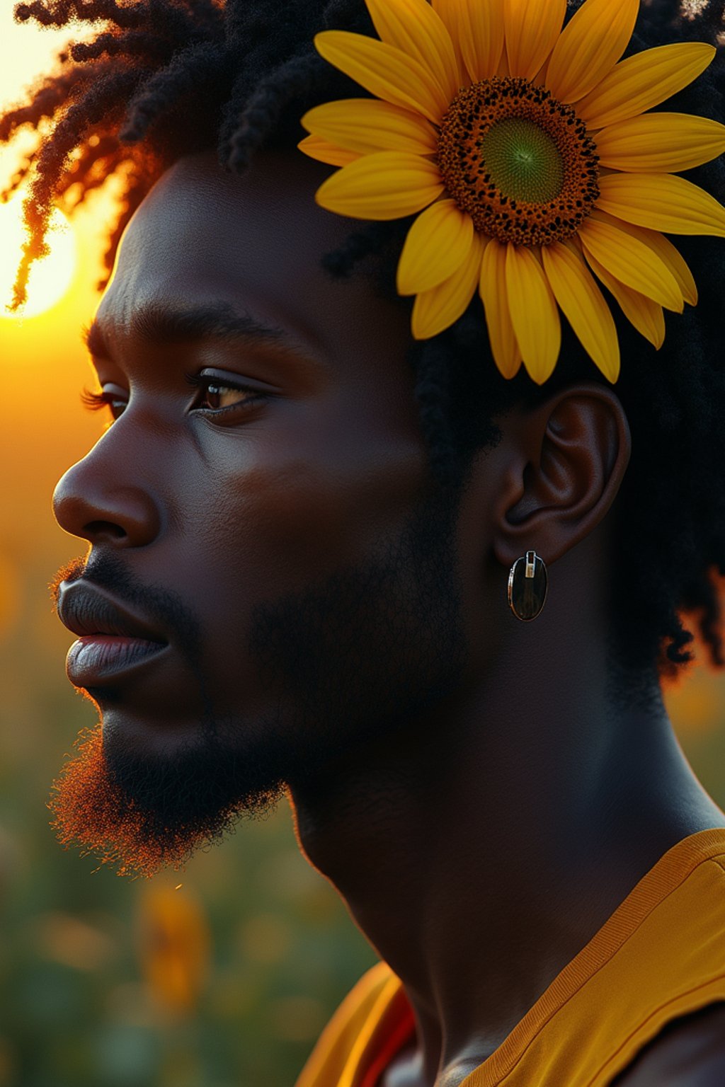 Close face shot of a man with a sunflower in hair, summer season, moody scene,, intricate, sharp details, summer vibe, gorgeous scene by gaston bussiere, craig mullins, somber lighting, drawn by giacomo burattini, inspired by graphic novel cover art, hyperrealistic, 8 k by rhads