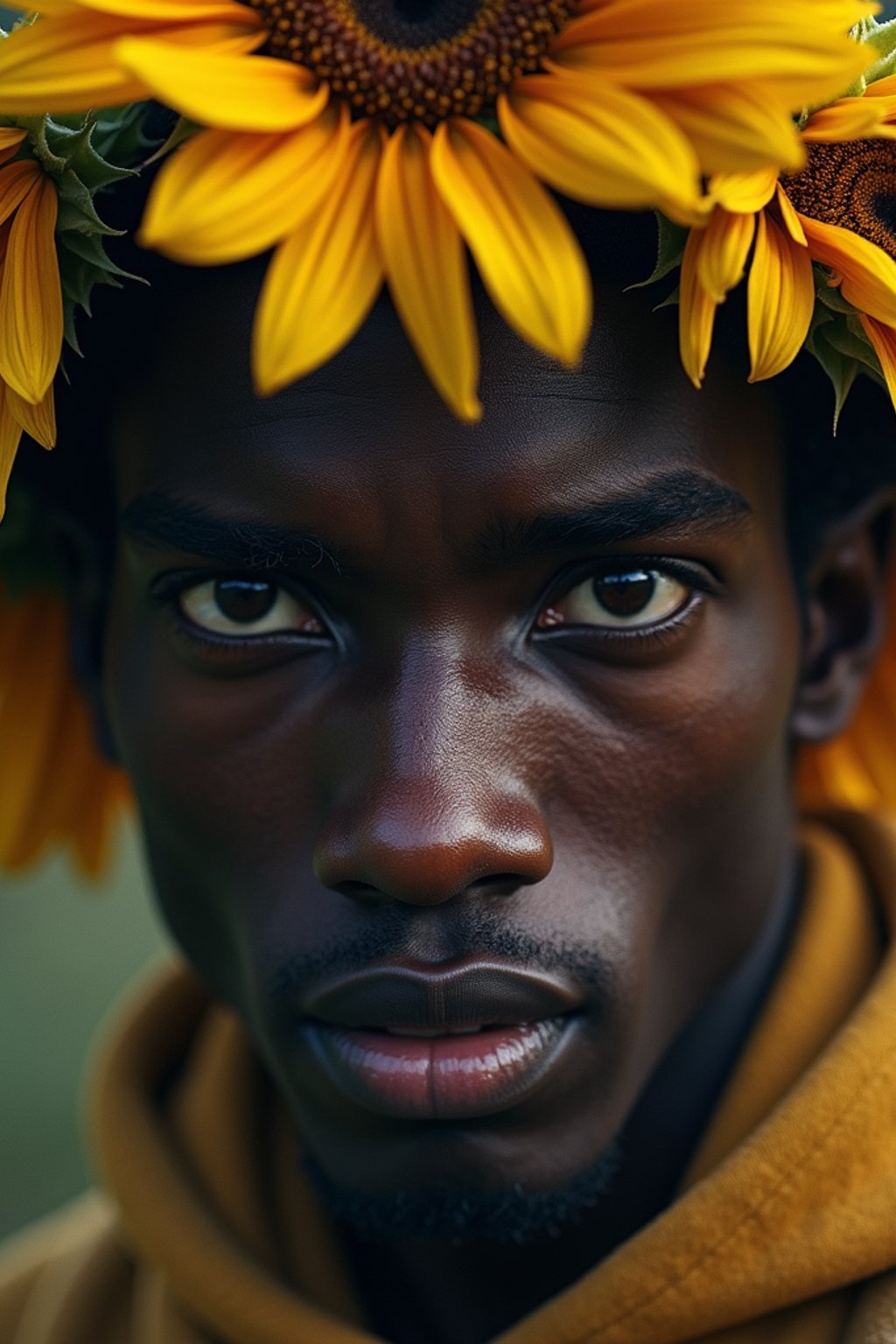 Close face shot of a man with a sunflower in hair, summer season, moody scene,, intricate, sharp details, summer vibe, gorgeous scene by gaston bussiere, craig mullins, somber lighting, drawn by giacomo burattini, inspired by graphic novel cover art, hyperrealistic, 8 k by rhads