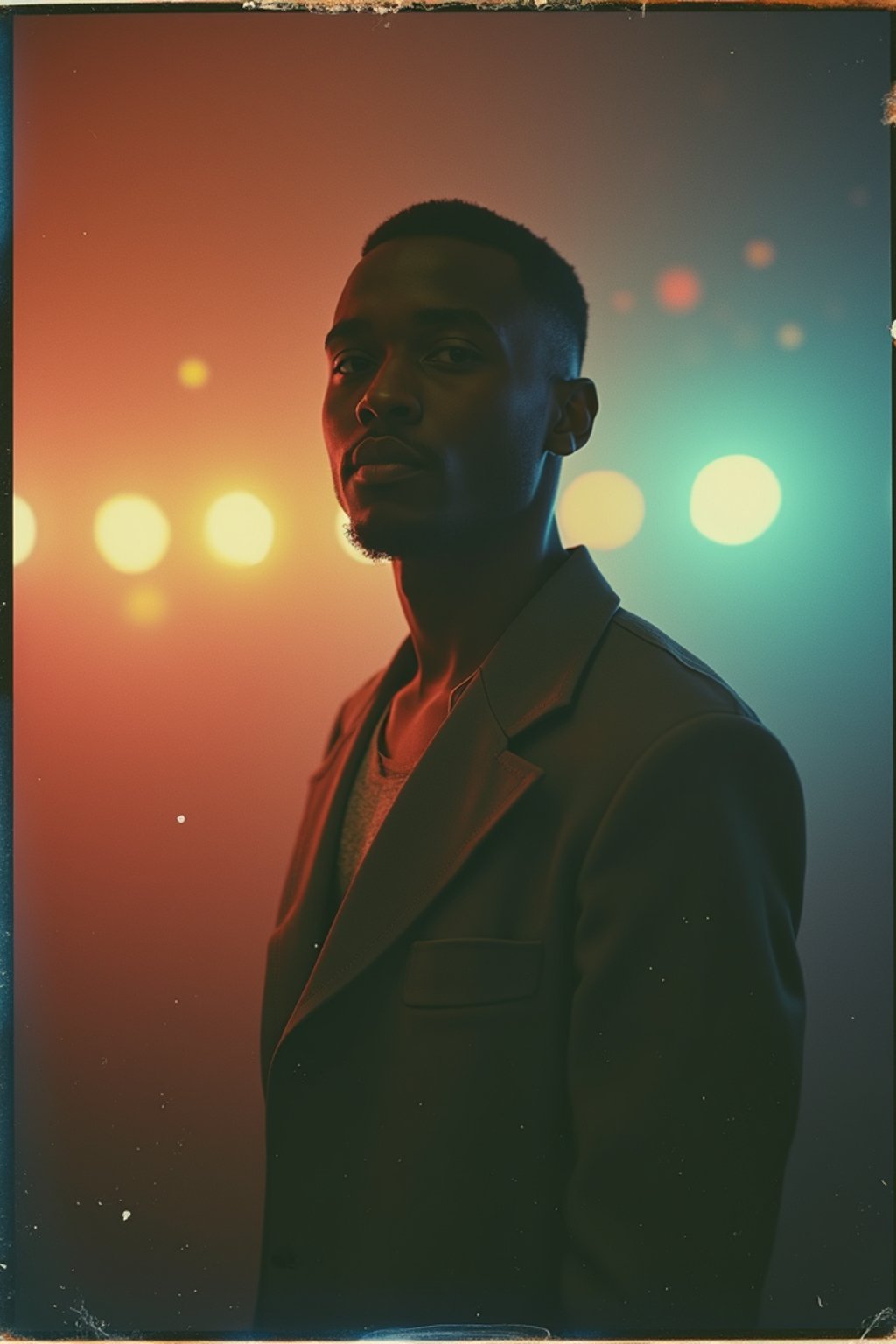 Dreamy polaroid instax photograph of man in the backrooms, many lights in background