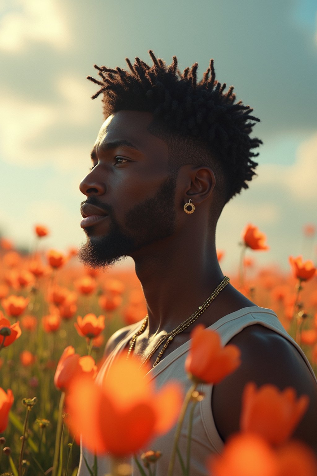 man | standing in field full of flowers | detailed gorgeous face! ! | full body! ! | god rays | intricate | elegant | realistic | hyperrealistic | cinematic | character design | concept art | illustration | digital art | digital painting | depth of field