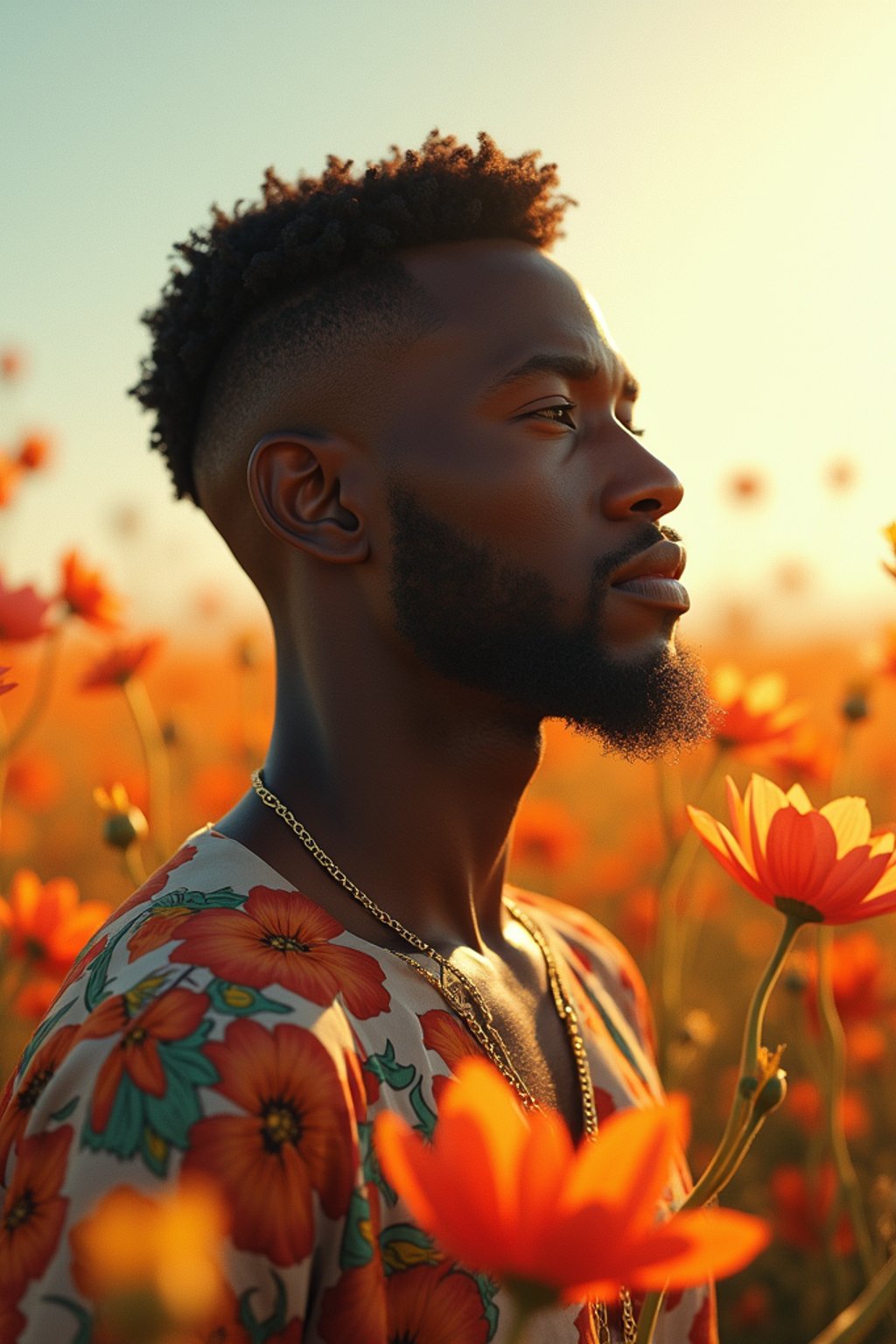 man | standing in field full of flowers | detailed gorgeous face! ! | full body! ! | god rays | intricate | elegant | realistic | hyperrealistic | cinematic | character design | concept art | illustration | digital art | digital painting | depth of field