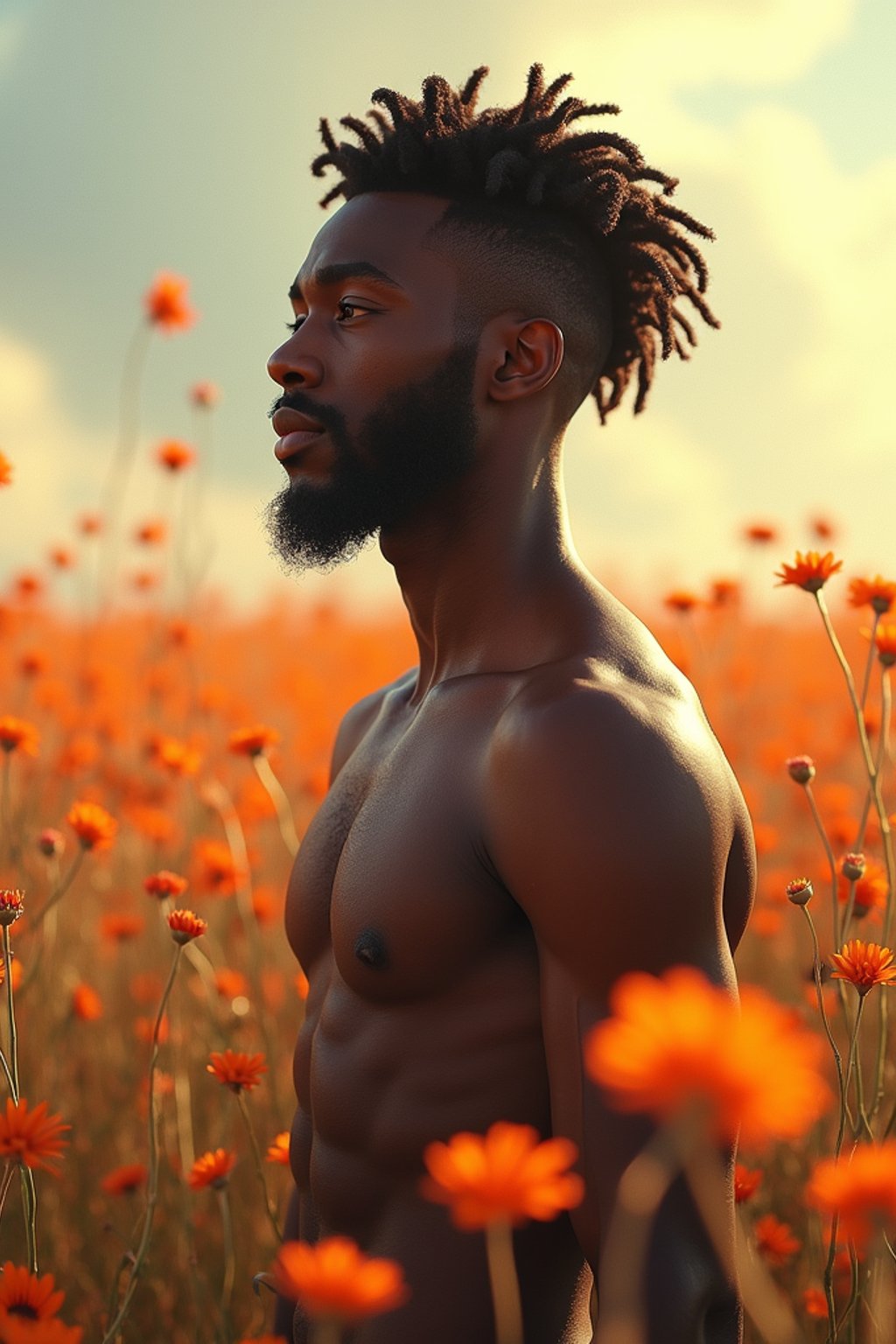 man | standing in field full of flowers | detailed gorgeous face! ! | full body! ! | god rays | intricate | elegant | realistic | hyperrealistic | cinematic | character design | concept art | illustration | digital art | digital painting | depth of field