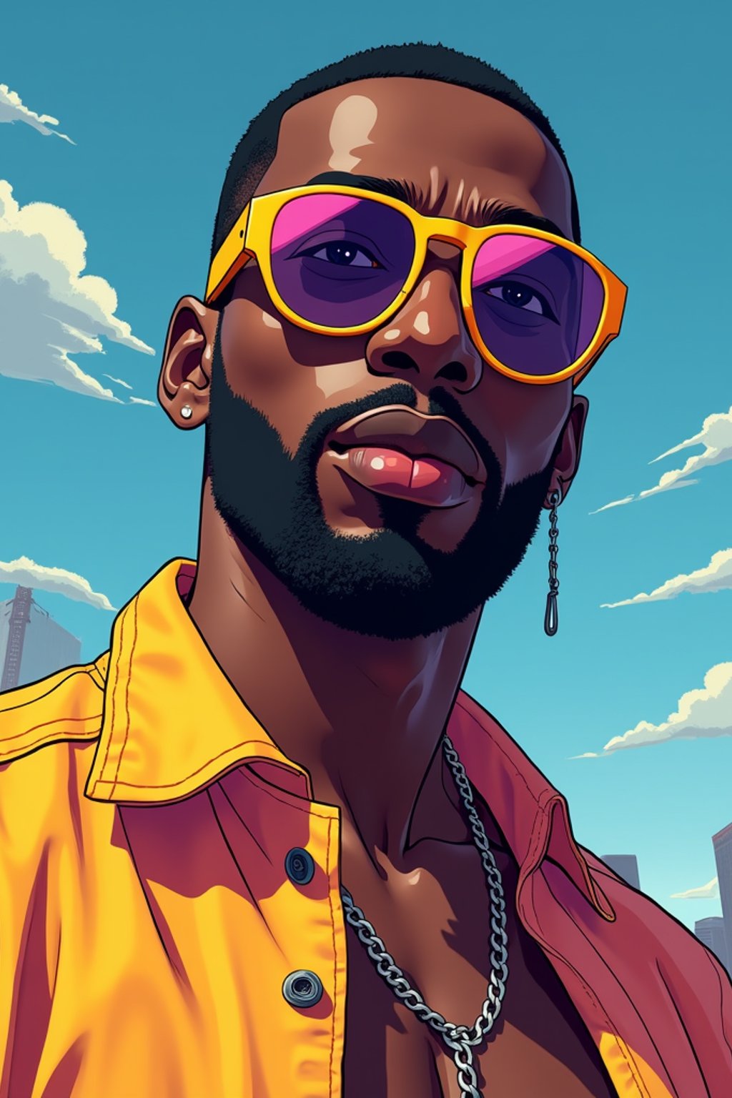 man, gta vice city cover art, borderlands style, celshading, trending on artstation, by rhads, andreas rocha, rossdraws, makoto shinkai, laurie greasley, lois van baarle, ilya kuvshinov and greg rutkowski