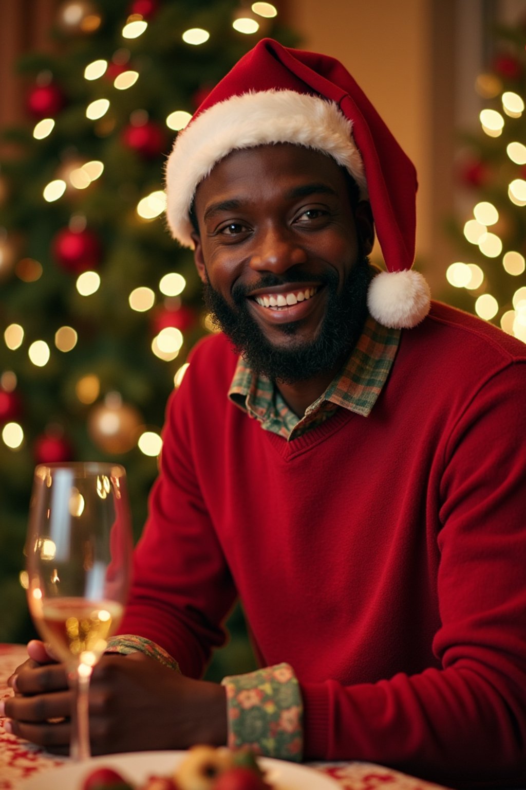 man at Christmas dinner wearing Christmas style clothes. Christmas tree in background. Christmas lights