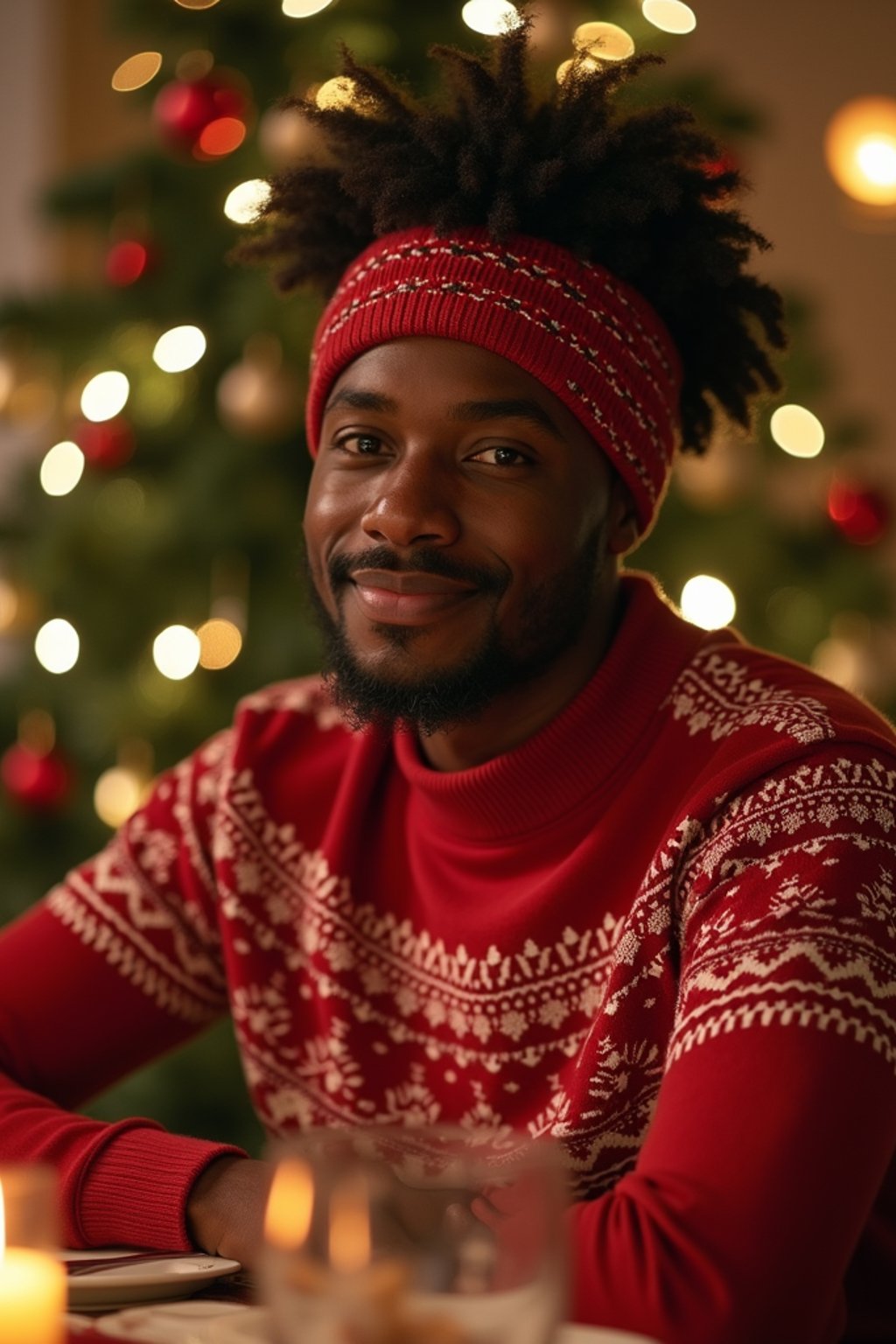 man at Christmas dinner wearing Christmas style clothes. Christmas tree in background. Christmas lights