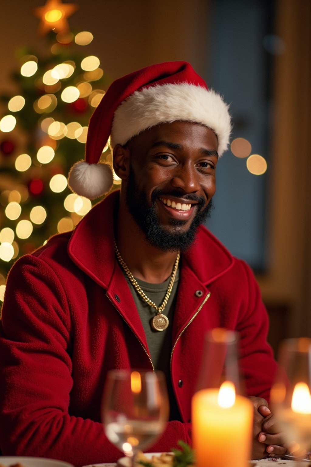 man at Christmas dinner wearing Christmas style clothes. Christmas tree in background. Christmas lights