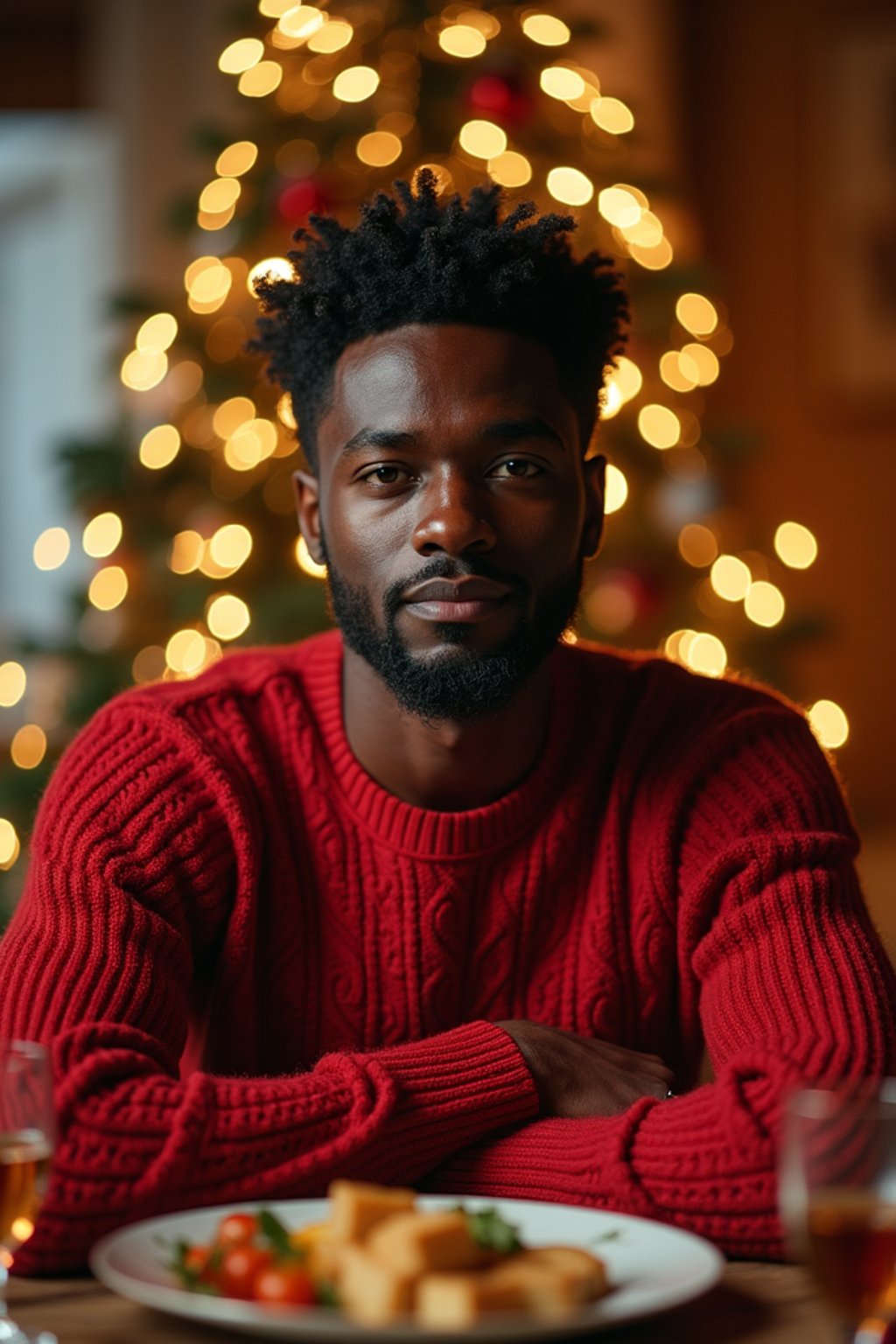 man at Christmas dinner wearing Christmas style clothes. Christmas tree in background. Christmas lights