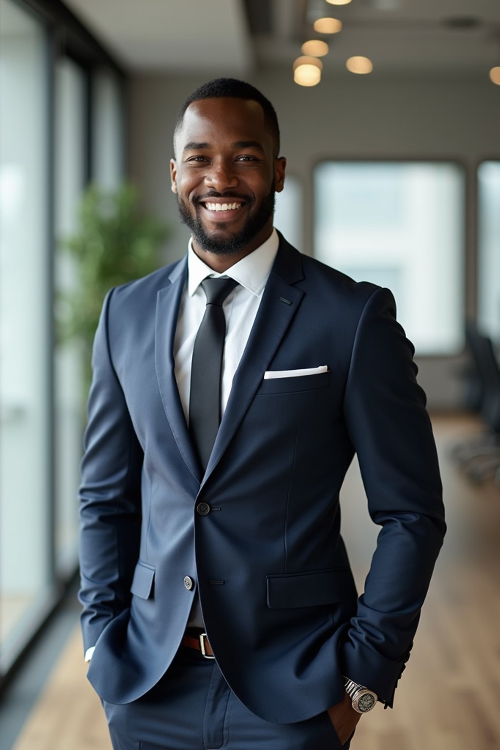 wide LinkedIn profile photo of a professional business man as a confident professional business man standing in a modern office. LinkedIn professional profile photo. most popular person on LinkedIn