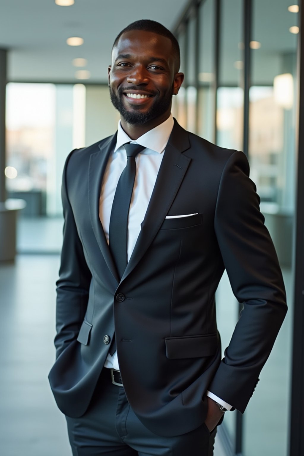 wide LinkedIn profile photo of a professional business man as a confident professional business man standing in a modern office. LinkedIn professional profile photo. most popular person on LinkedIn