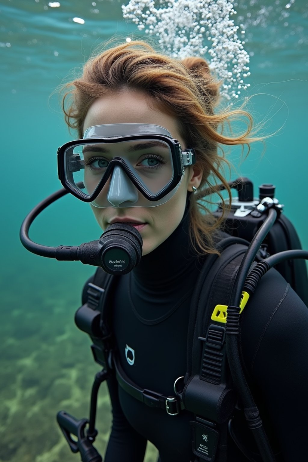 woman as a scuba diver wearing diving goggles and wearing a wetsuit