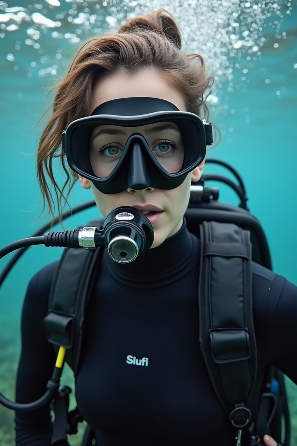 woman as a scuba diver wearing diving goggles and wearing a wetsuit