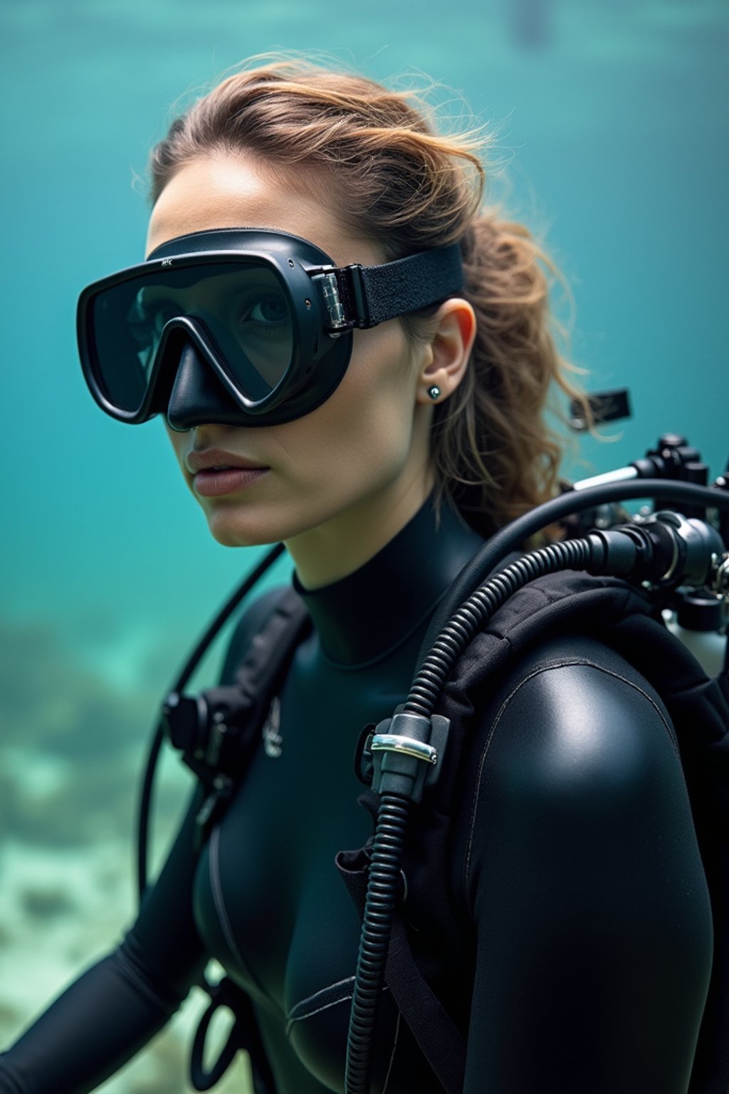 woman as a scuba diver wearing diving goggles and wearing a wetsuit