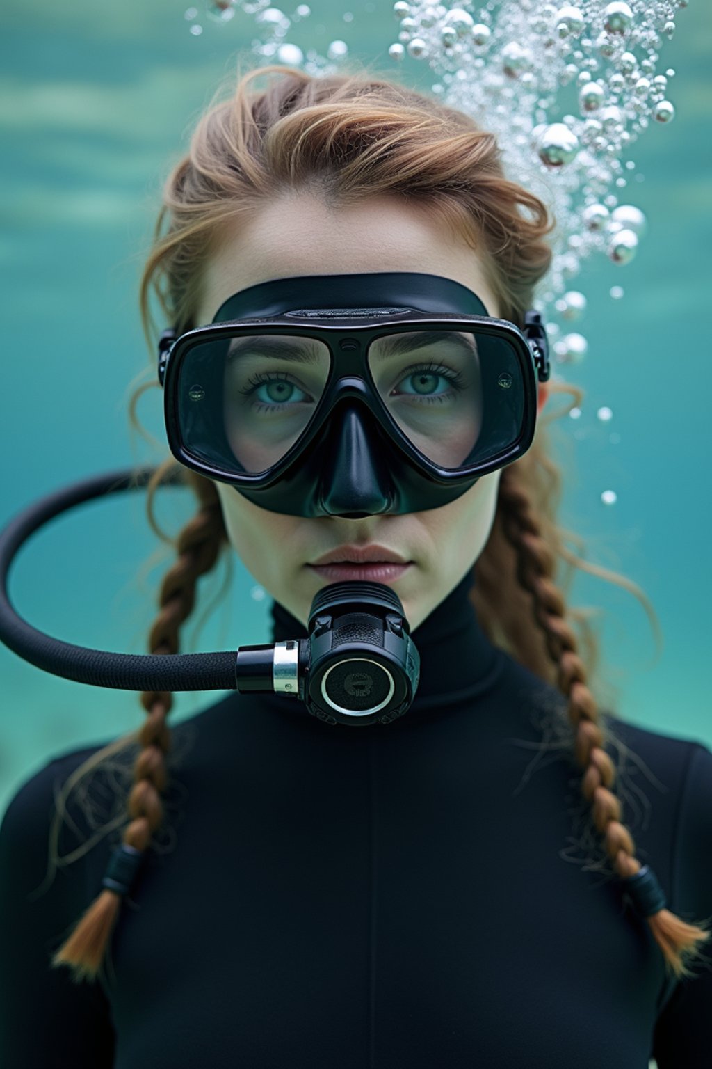 woman as a scuba diver wearing diving goggles and wearing a wetsuit