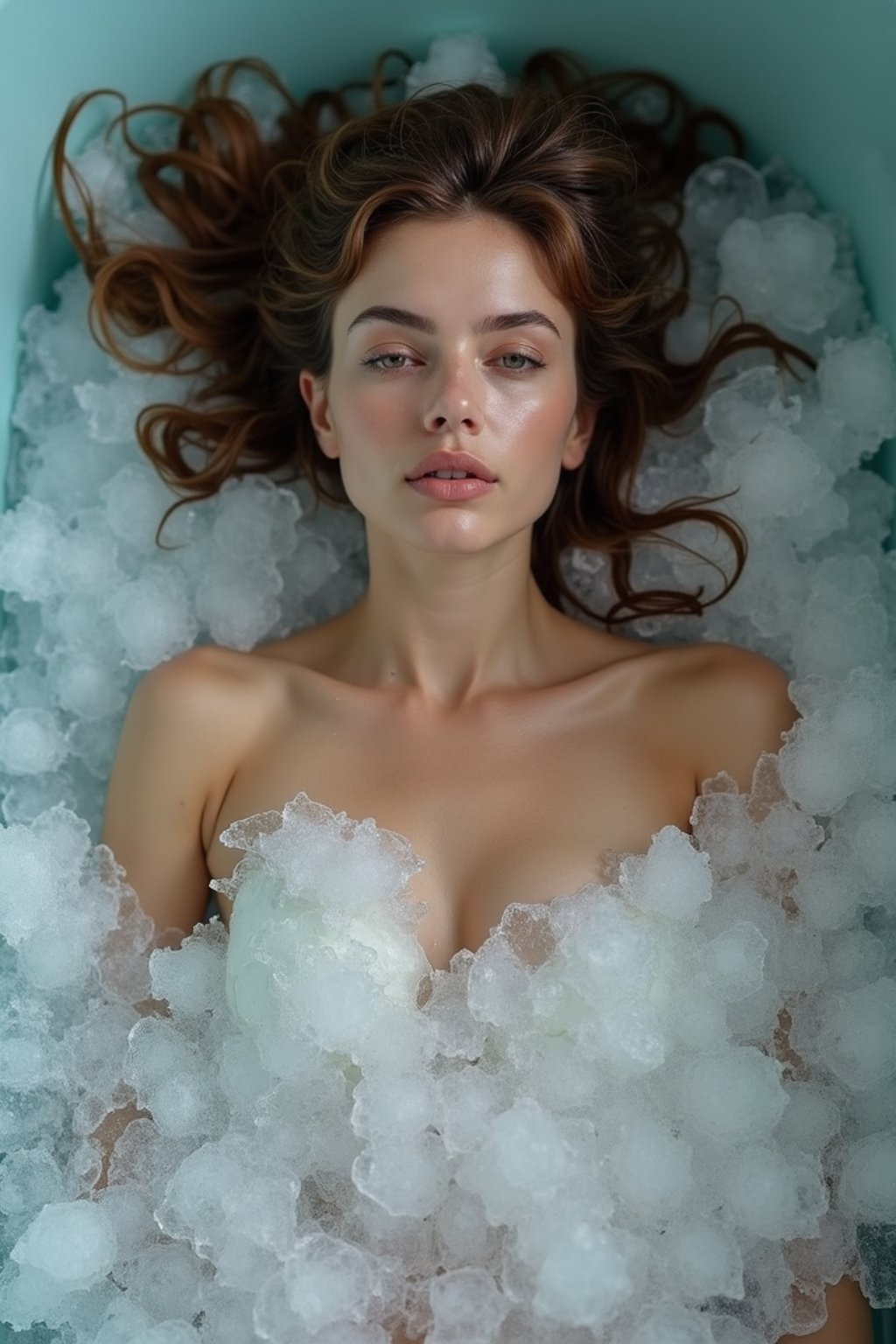 woman lying in a bath of ice cubes