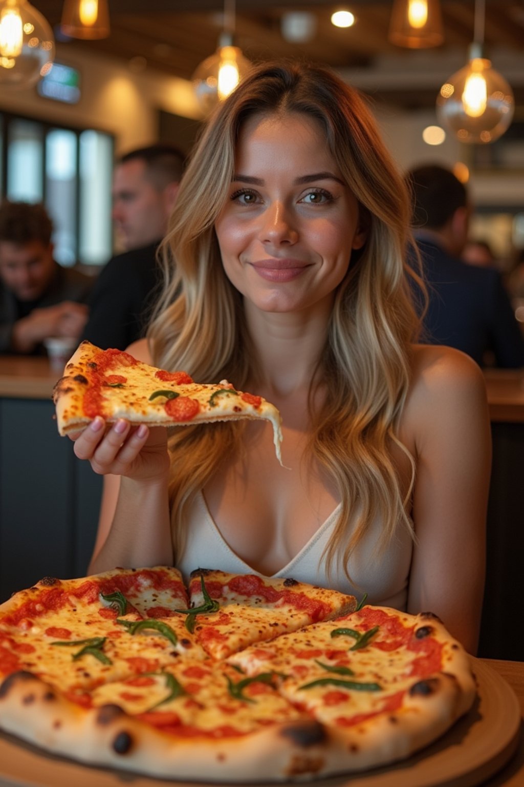 woman sitting in a restaurant eating a large pizza