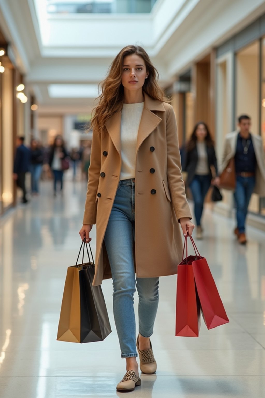 woman walking in a shopping mall, holding shopping bags. shops in background