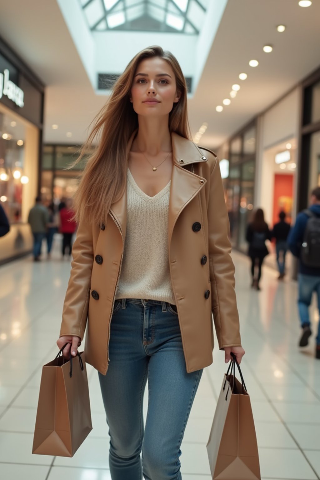 woman walking in a shopping mall, holding shopping bags. shops in background