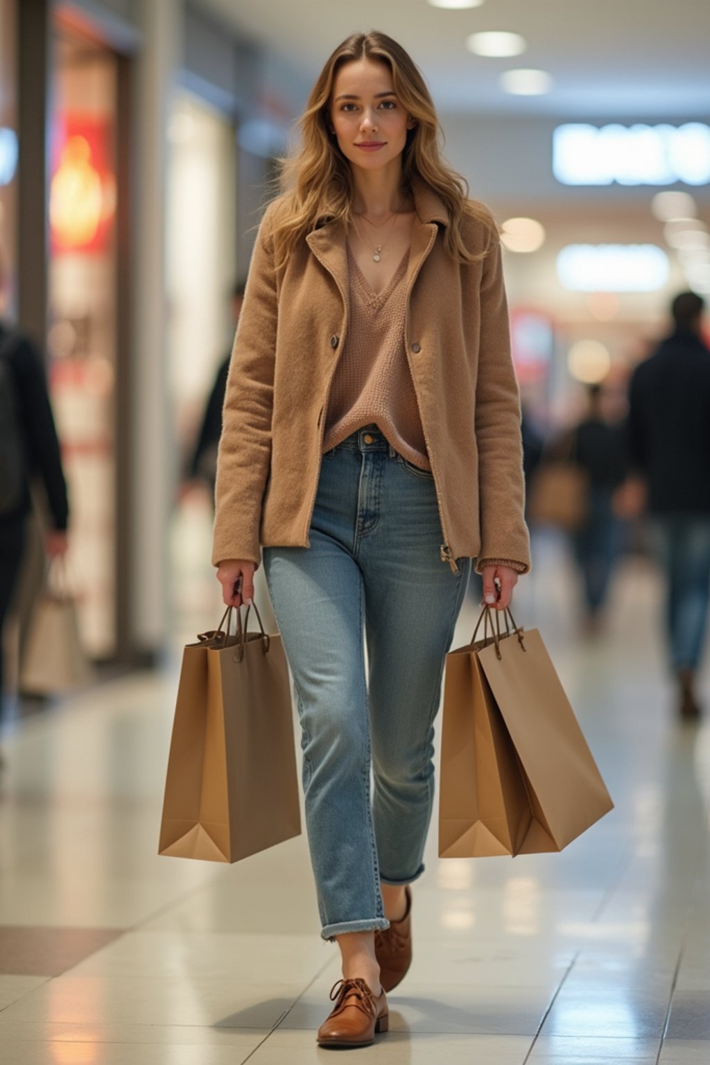 woman walking in a shopping mall, holding shopping bags. shops in background