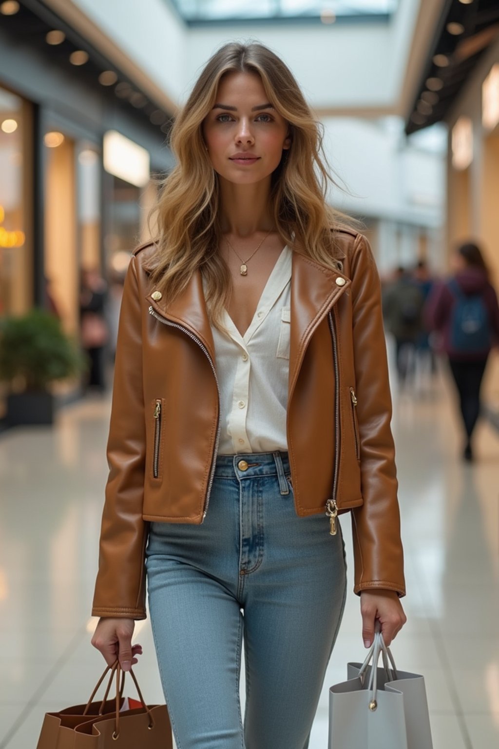 woman walking in a shopping mall, holding shopping bags. shops in background