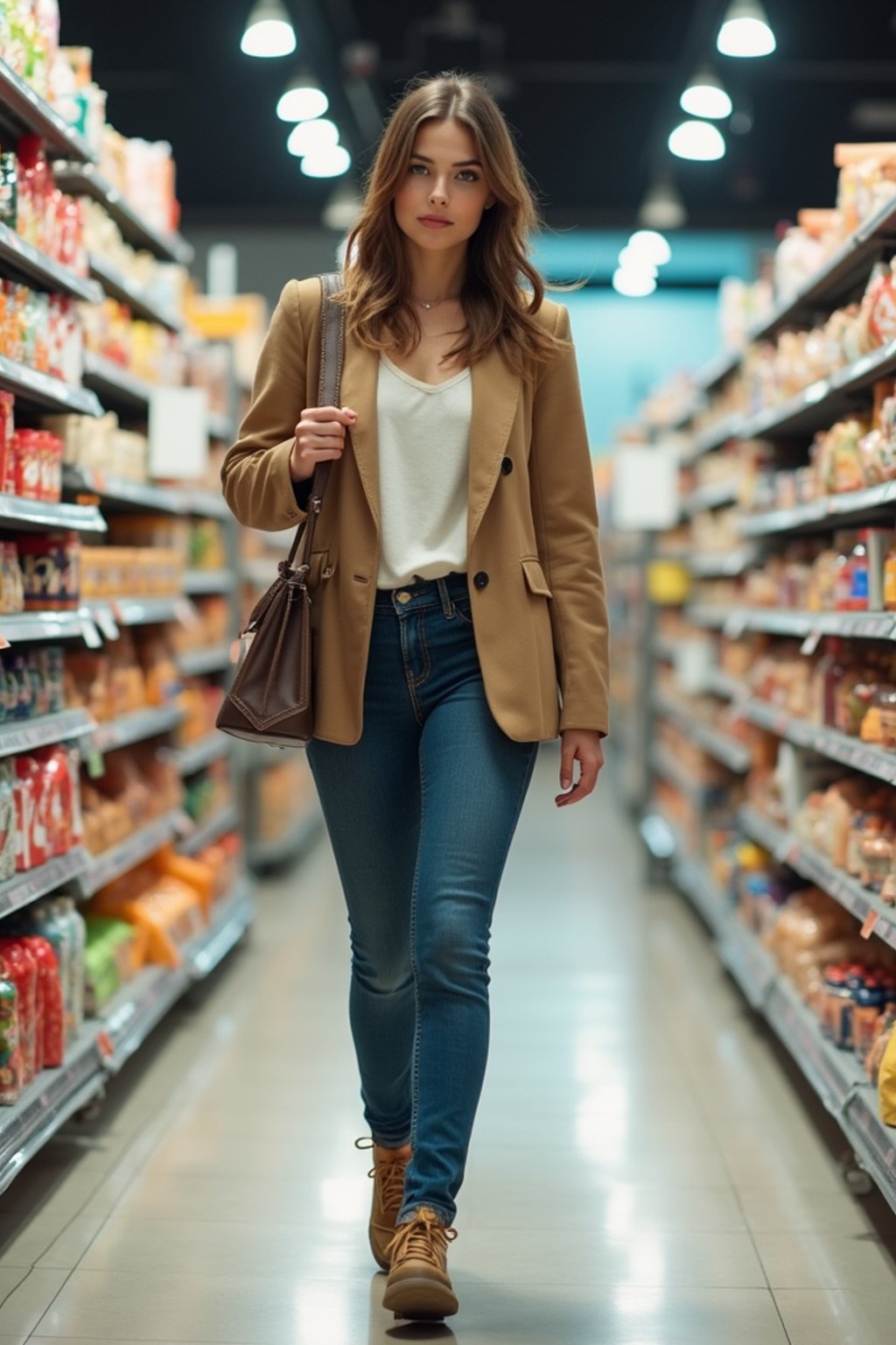 woman in Supermarket walking with Shopping Cart in the Supermarket Aisle. Background of Supermarket