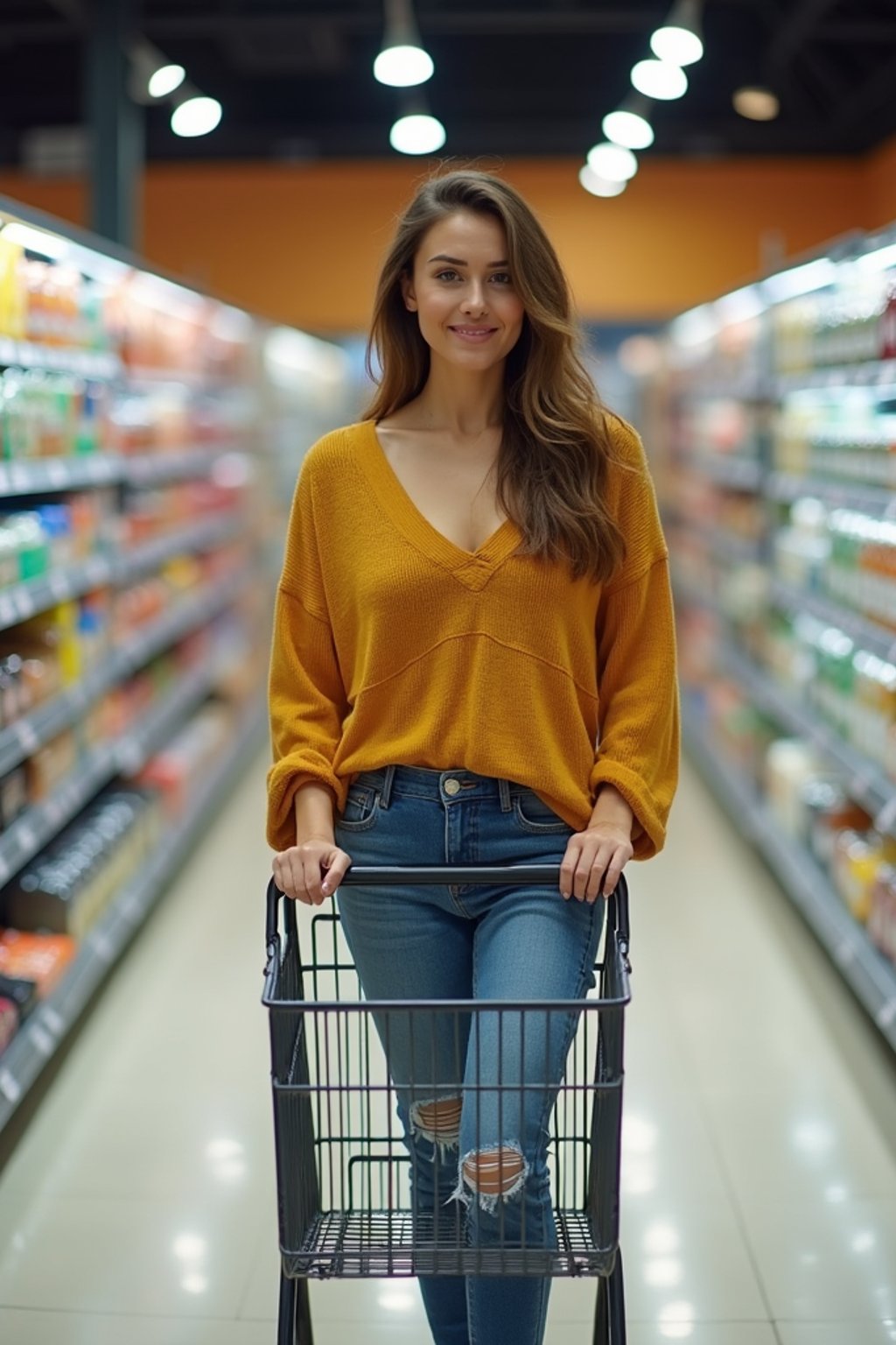 woman in Supermarket walking with Shopping Cart in the Supermarket Aisle. Background of Supermarket