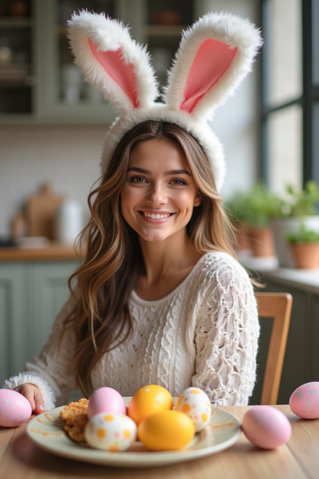 woman dressed up for Easter with Easter Bunny Ears at the Easter Breakfast. Easter Eggs. Easter Bunny