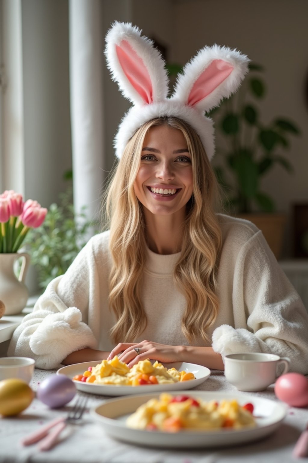 woman dressed up for Easter with Easter Bunny Ears at the Easter Breakfast. Easter Eggs. Easter Bunny