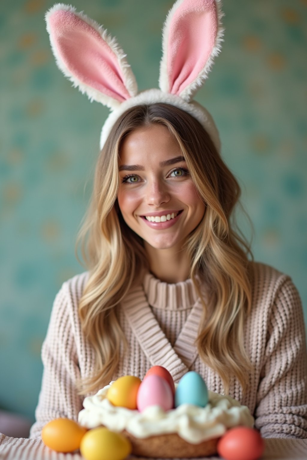 woman dressed up for Easter with Easter Bunny Ears at the Easter Breakfast. Easter Eggs. Easter Bunny