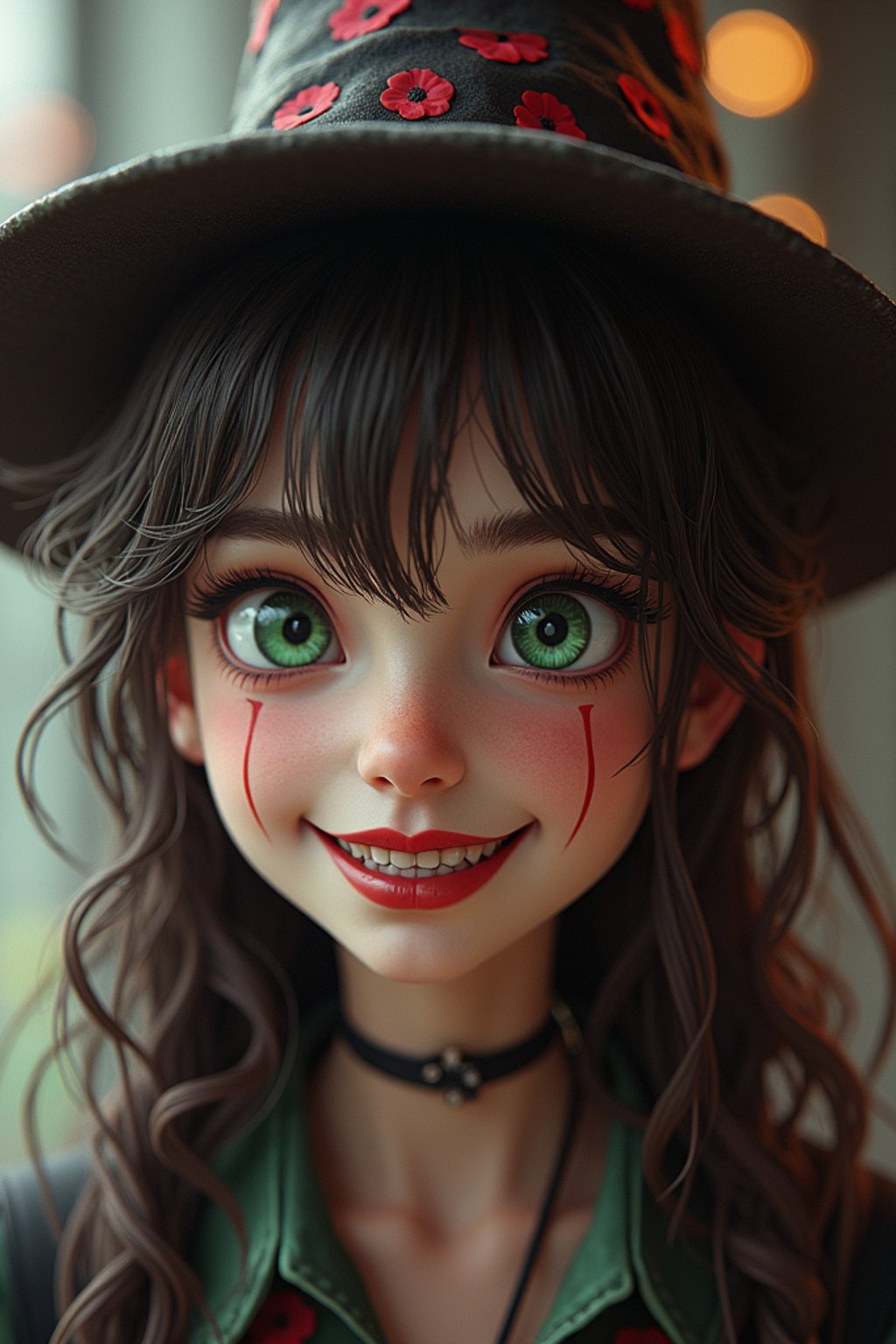 woman as the personification of the Halloween holiday in the form of woman with a villain's smile, (cute)cute hats, cute cheeks, unreal engine, highly detailed, artgerm digital illustration, woo tooth, studio ghibli, deviantart, sharp focus, artstation, by Alexei Vinogradov bakery, sweets, emerald eyes