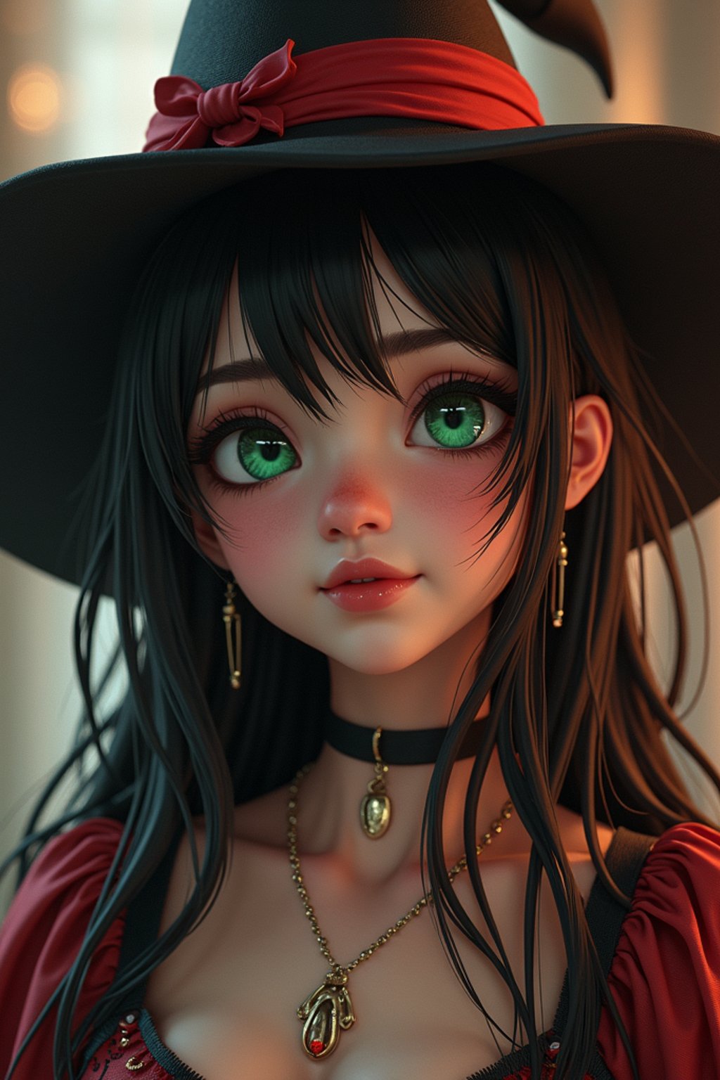 woman as the personification of the Halloween holiday in the form of woman with a villain's smile, (cute)cute hats, cute cheeks, unreal engine, highly detailed, artgerm digital illustration, woo tooth, studio ghibli, deviantart, sharp focus, artstation, by Alexei Vinogradov bakery, sweets, emerald eyes