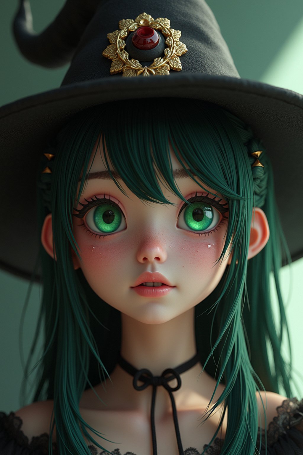 woman as the personification of the Halloween holiday in the form of woman with a villain's smile, (cute)cute hats, cute cheeks, unreal engine, highly detailed, artgerm digital illustration, woo tooth, studio ghibli, deviantart, sharp focus, artstation, by Alexei Vinogradov bakery, sweets, emerald eyes