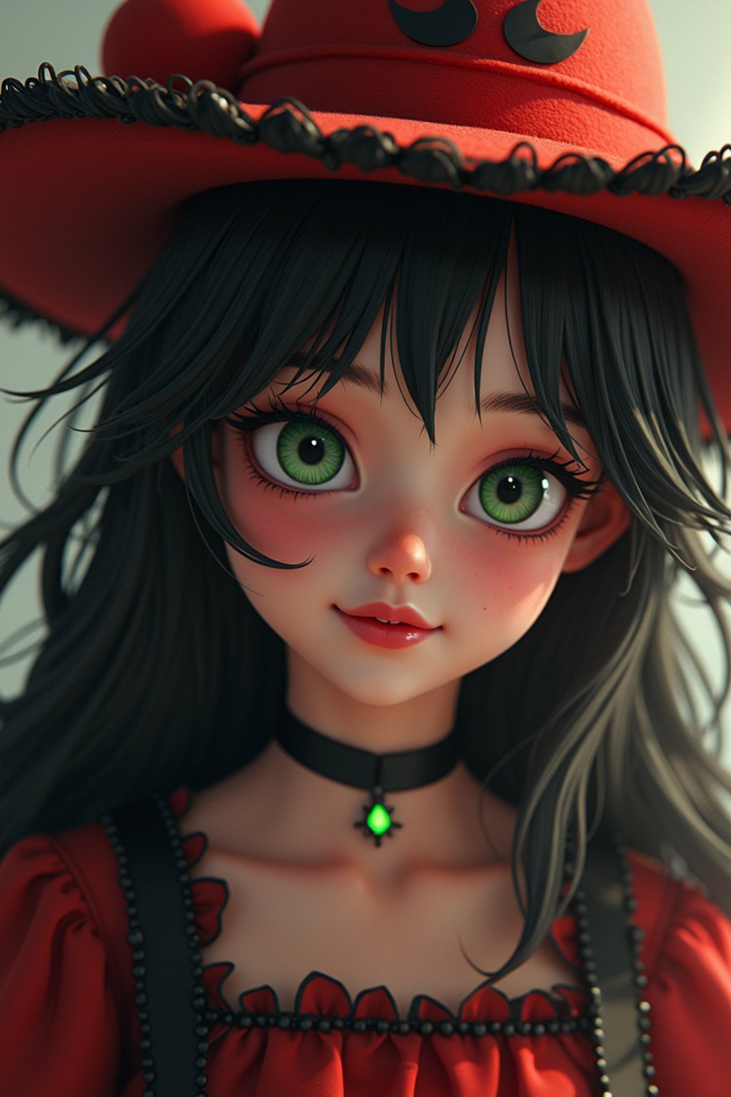 woman as the personification of the Halloween holiday in the form of woman with a villain's smile, (cute)cute hats, cute cheeks, unreal engine, highly detailed, artgerm digital illustration, woo tooth, studio ghibli, deviantart, sharp focus, artstation, by Alexei Vinogradov bakery, sweets, emerald eyes