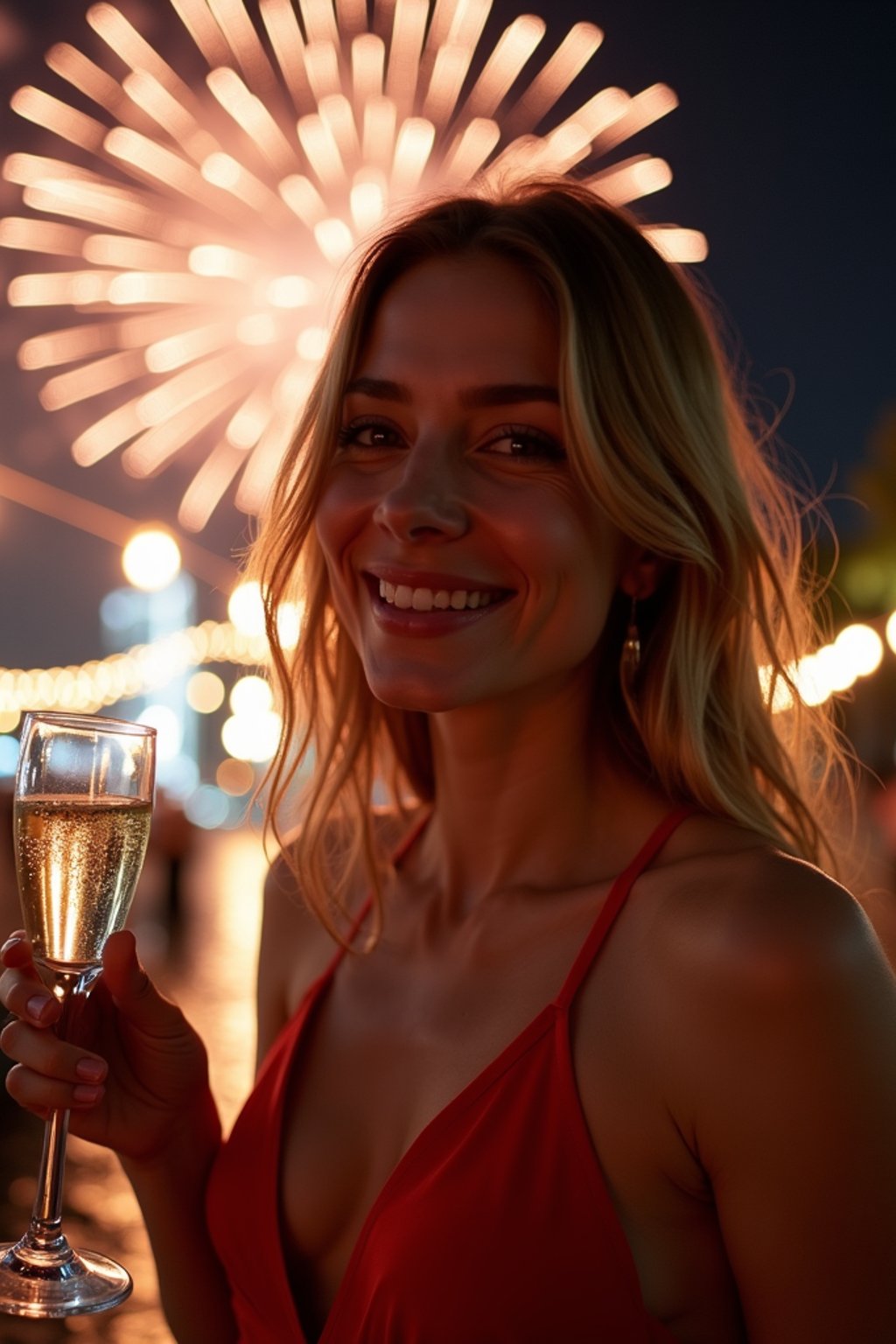 woman celebrating New Year's Eve with champagne and Fireworks in background