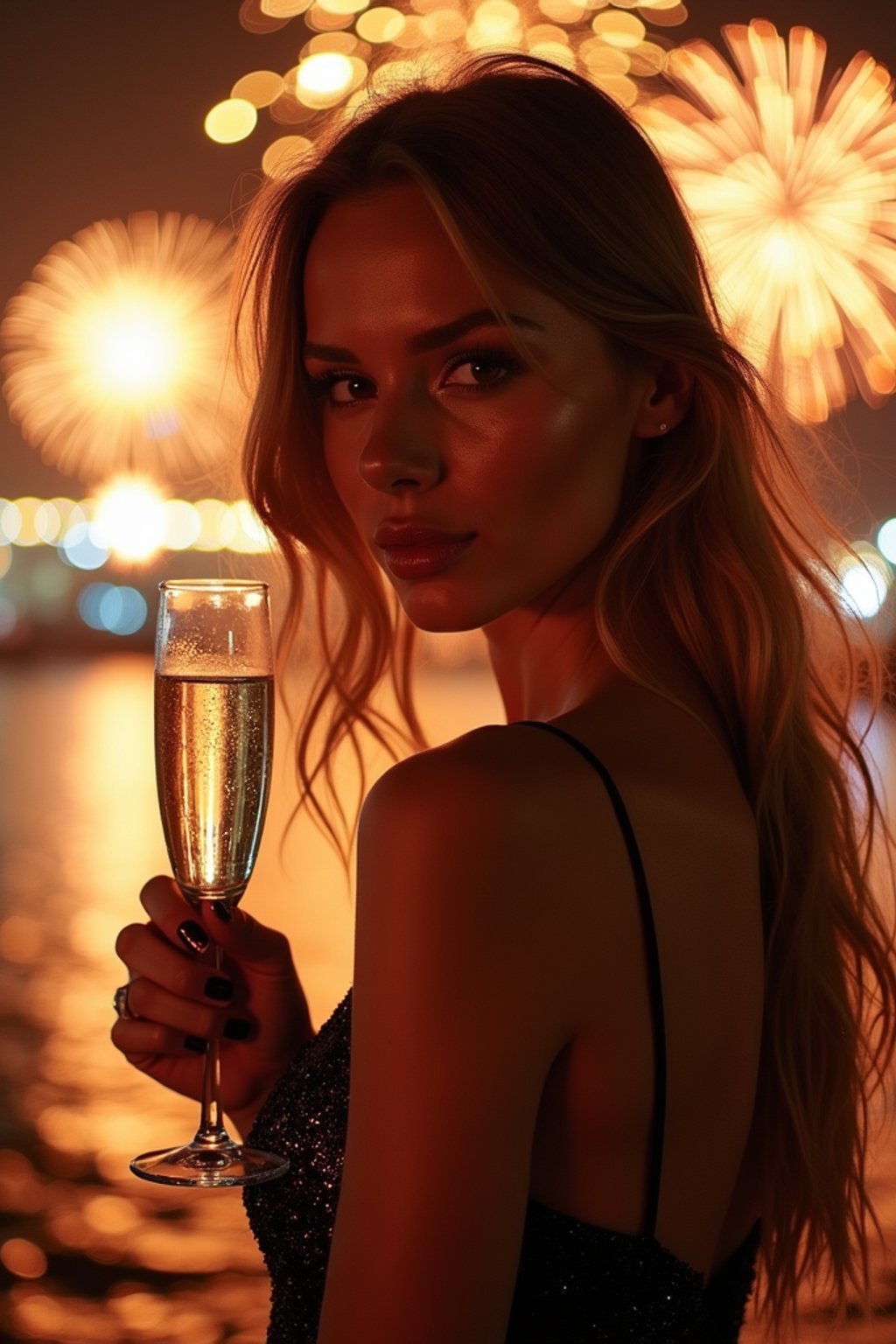 woman celebrating New Year's Eve with champagne and Fireworks in background