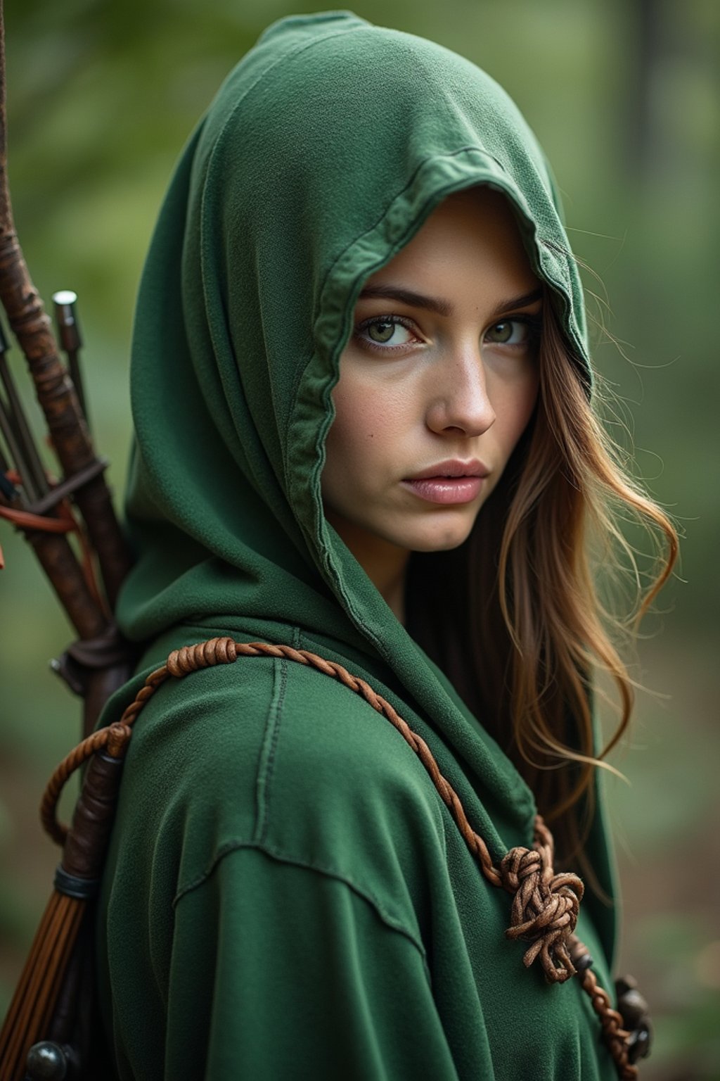 woman as a Medieval Elf Archer Warrior in Green Robe