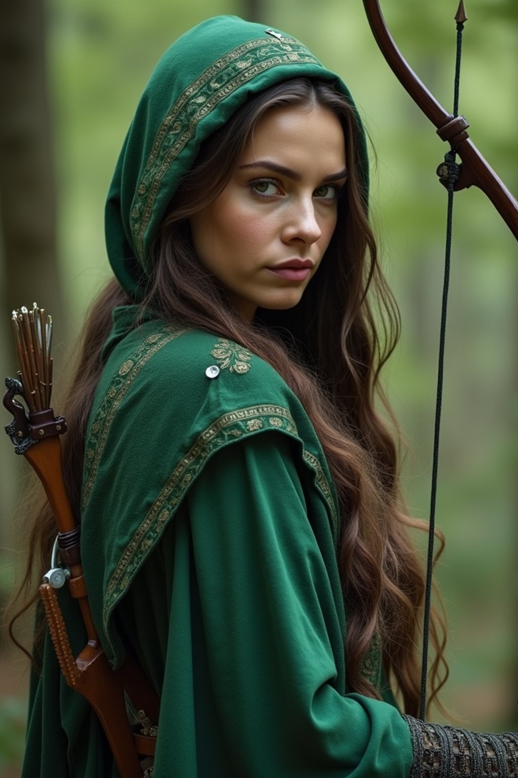 woman as a Medieval Elf Archer Warrior in Green Robe