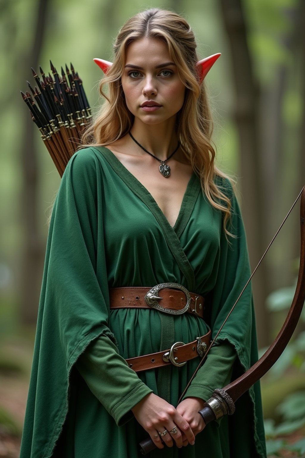 woman as a Medieval Elf Archer Warrior in Green Robe