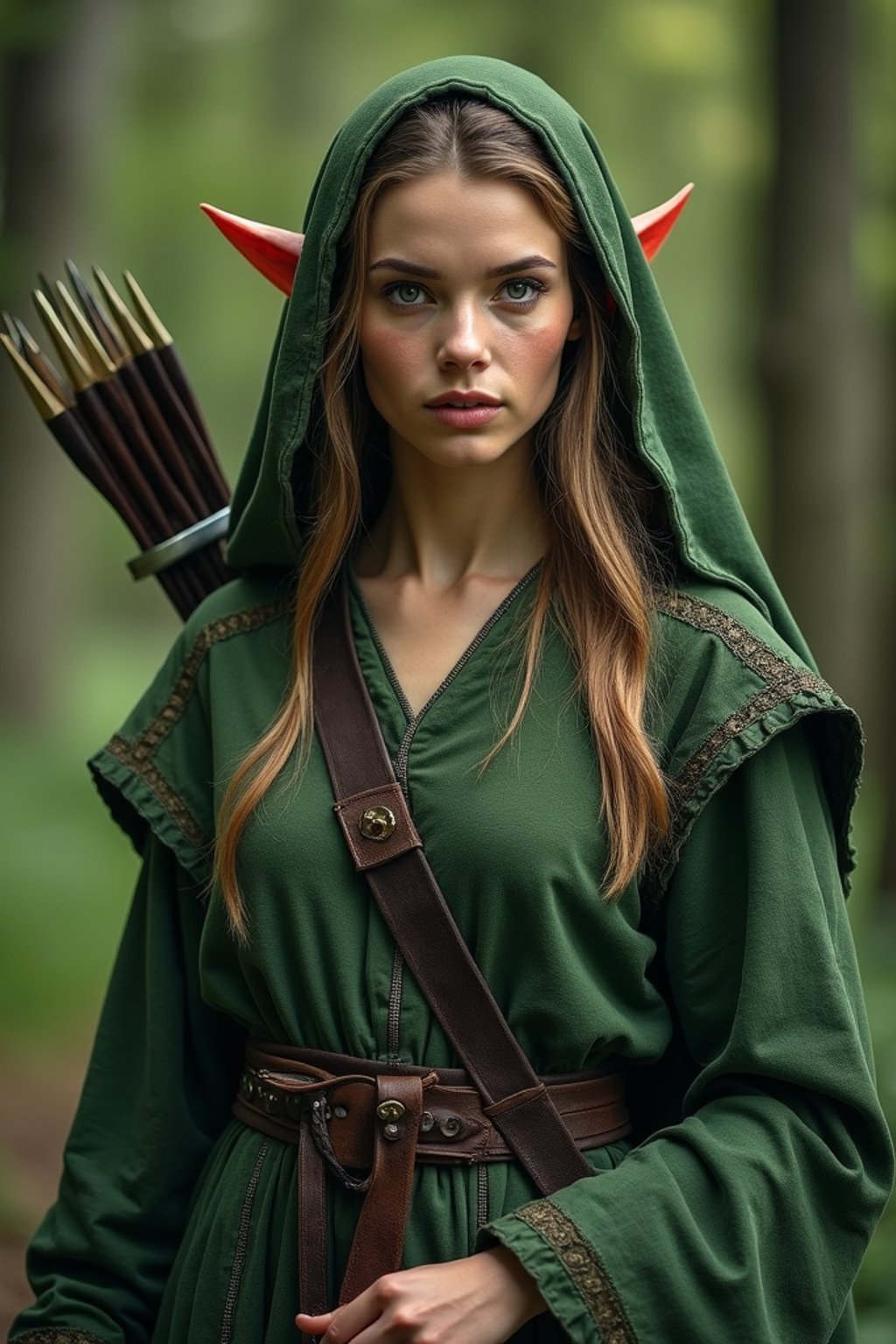 woman as a Medieval Elf Archer Warrior in Green Robe