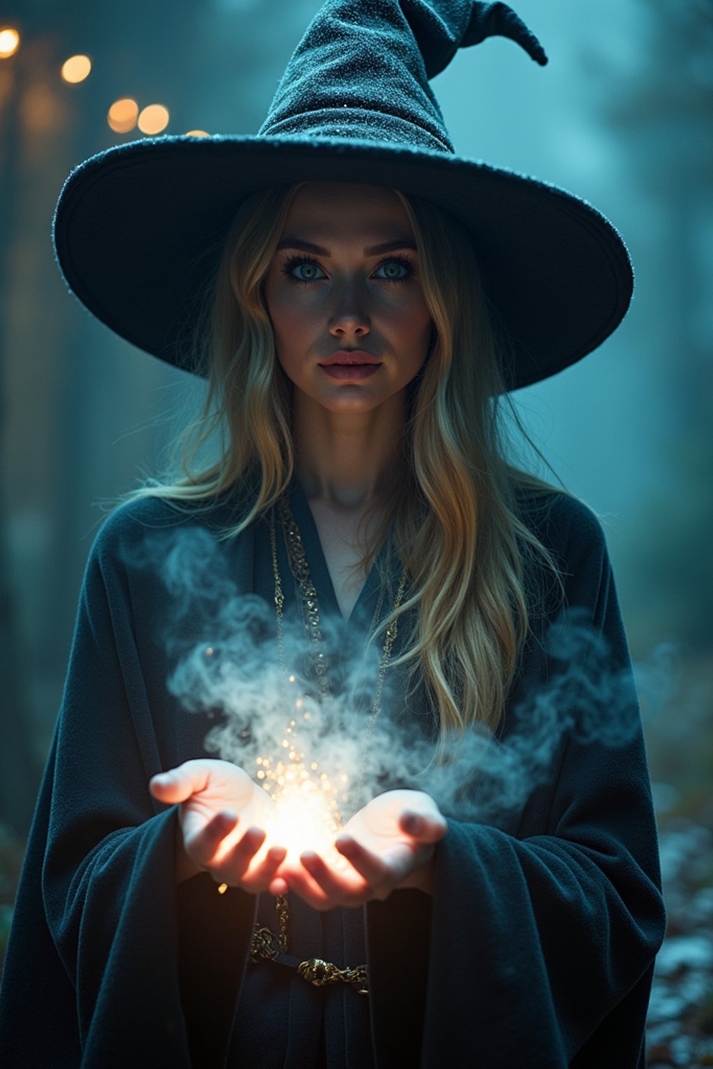 woman as a Wizard with a Wizard robe and big hat, crystal magic, dramatic light