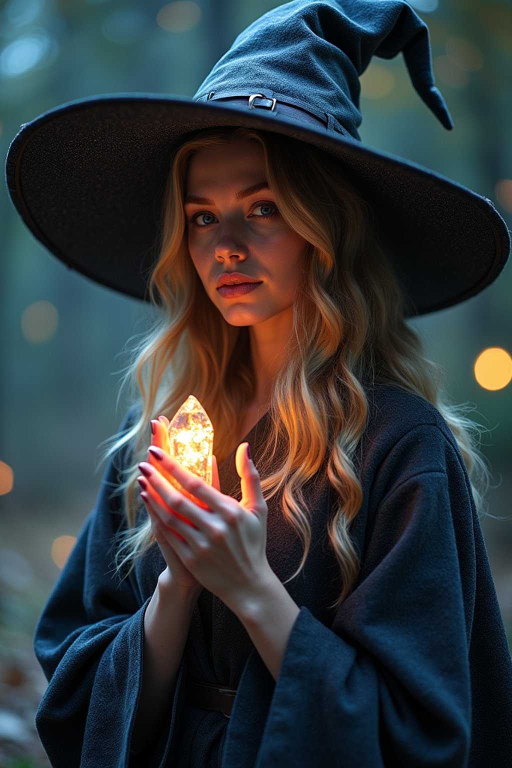 woman as a Wizard with a Wizard robe and big hat, crystal magic, dramatic light