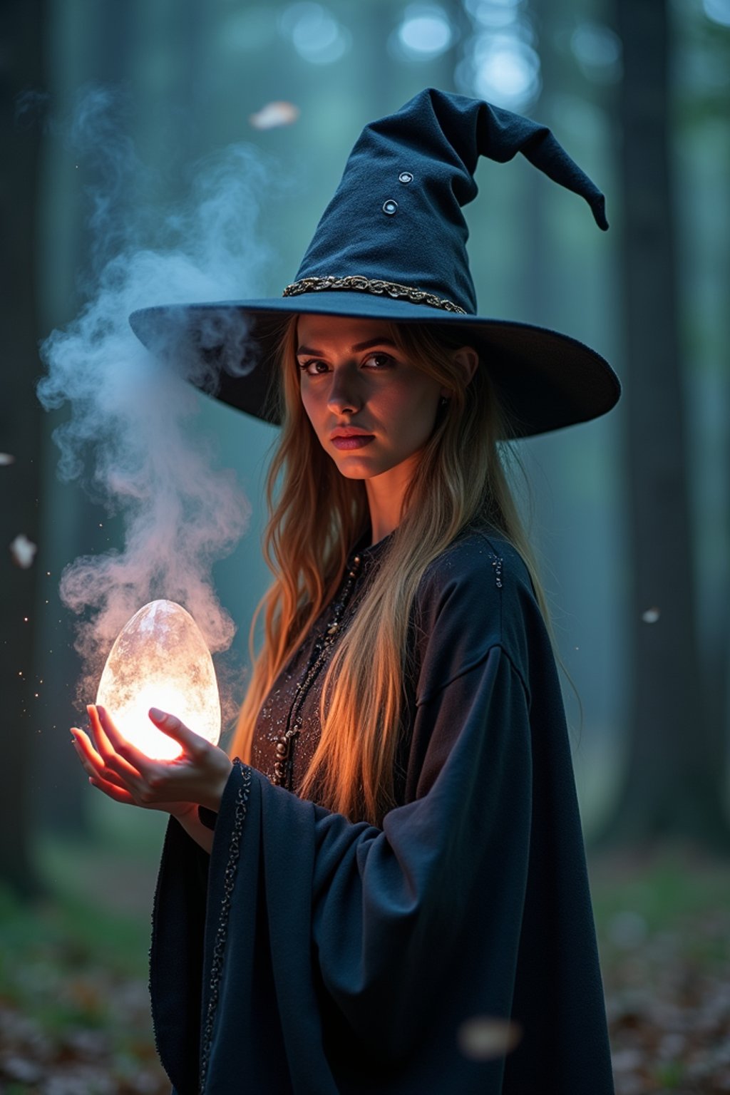 woman as a Wizard with a Wizard robe and big hat, crystal magic, dramatic light