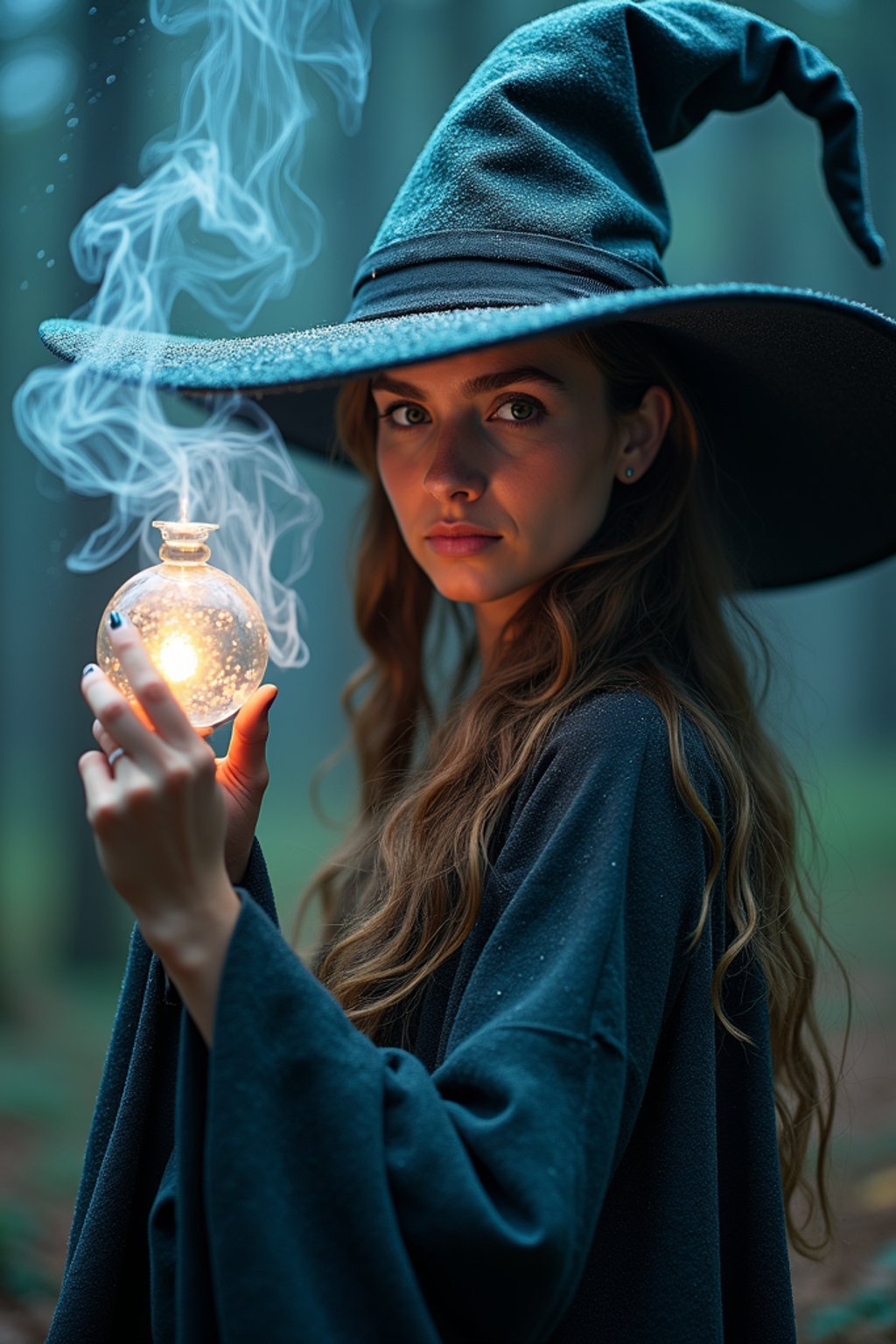 woman as a Wizard with a Wizard robe and big hat, crystal magic, dramatic light