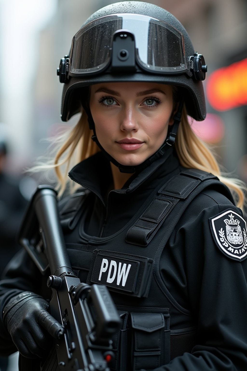 woman as a SWAT Officer. wearing black swat vest, swat helmet, holding pdw