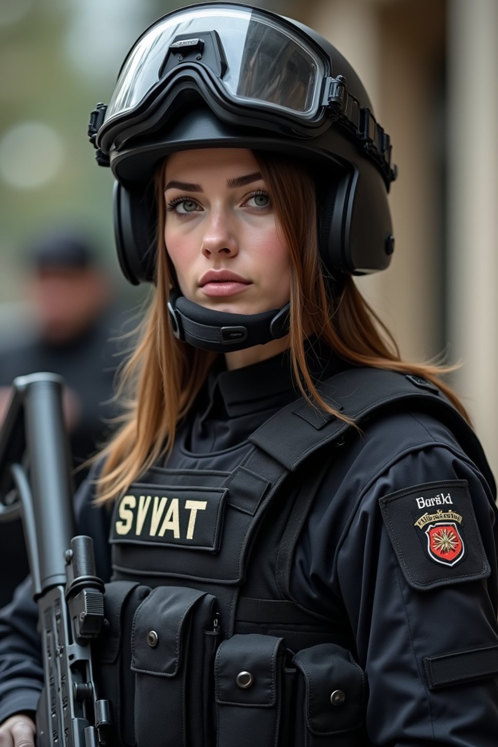 woman as a SWAT Officer. wearing black swat vest, swat helmet, holding pdw