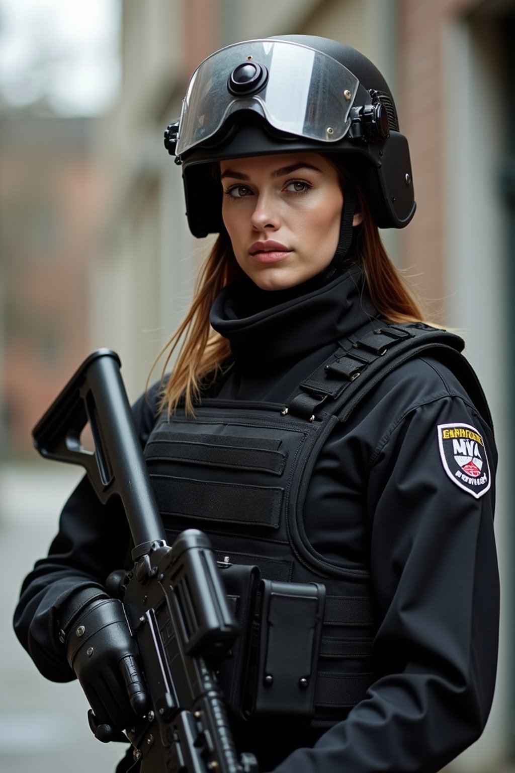 woman as a SWAT Officer. wearing black swat vest, swat helmet, holding pdw