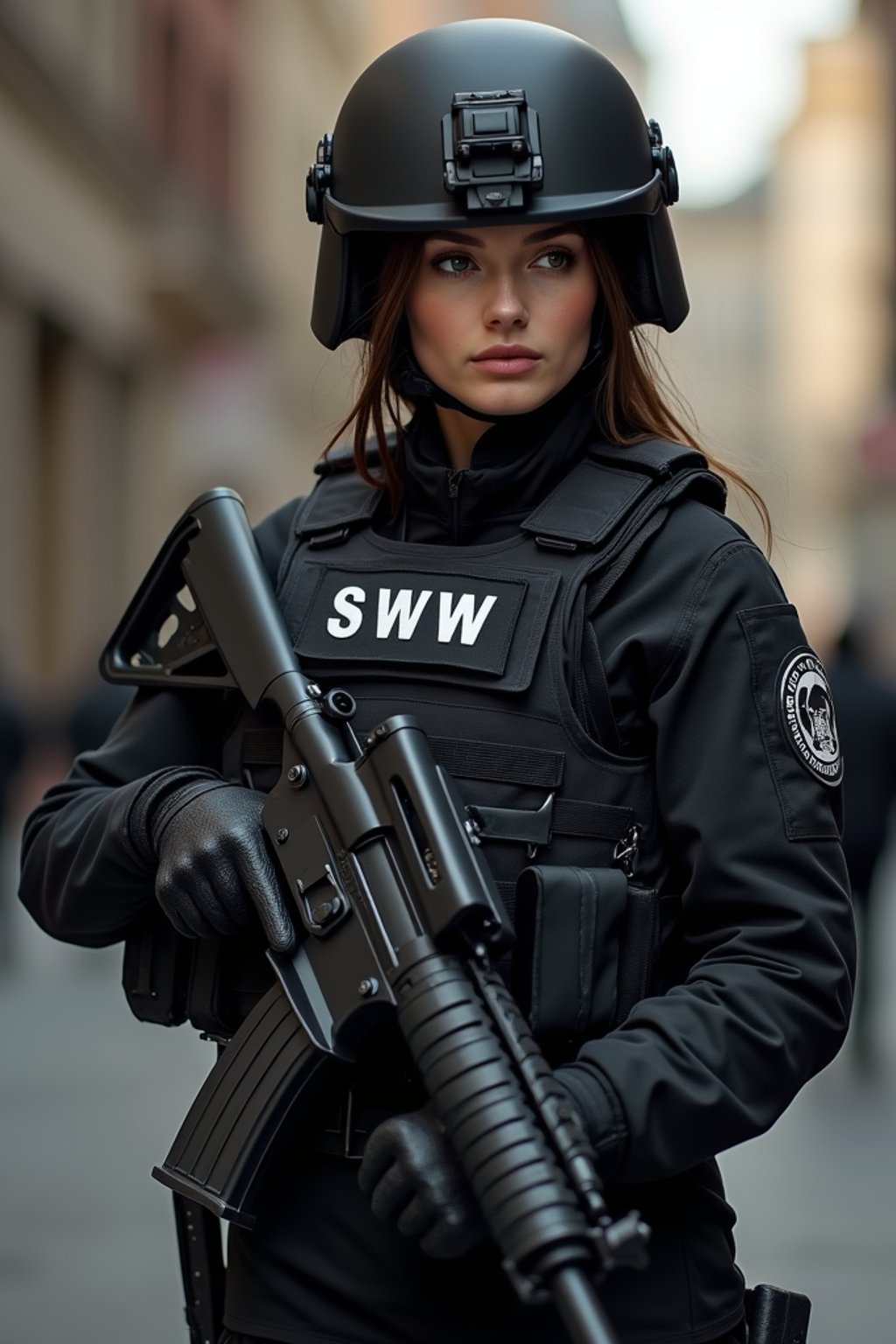 woman as a SWAT Officer. wearing black swat vest, swat helmet, holding pdw