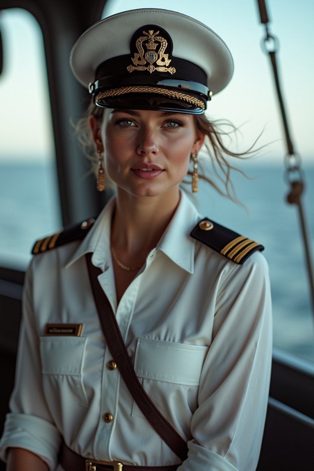 woman as a Navy Officer on a ship. highly detailed