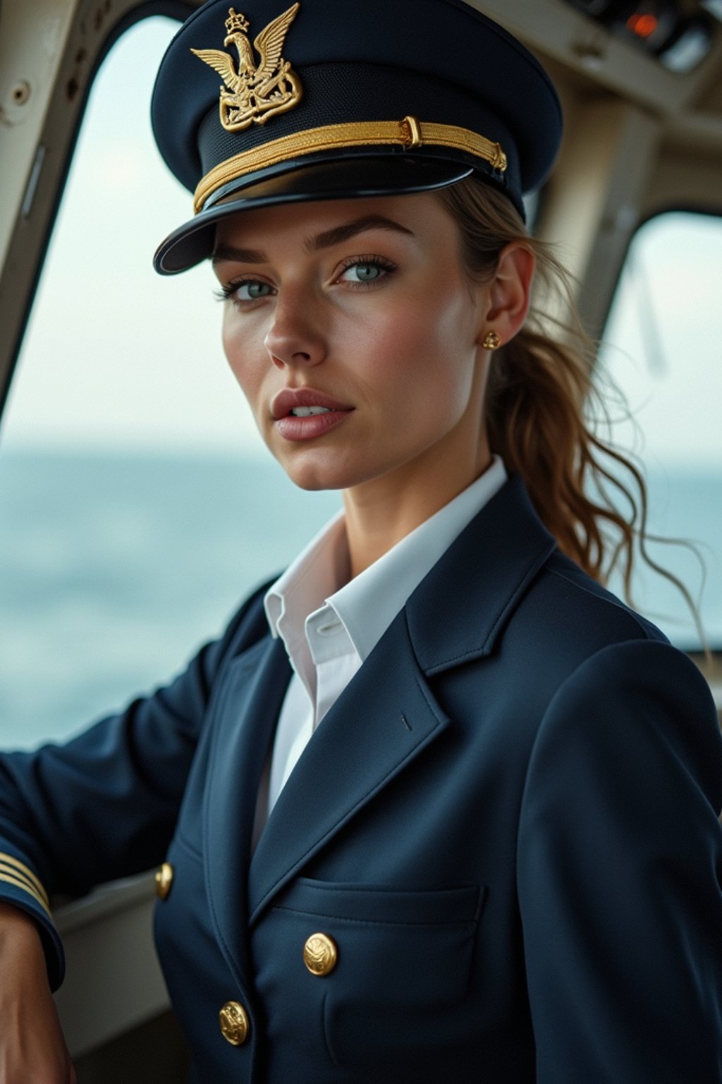 woman as a Navy Officer on a ship. highly detailed